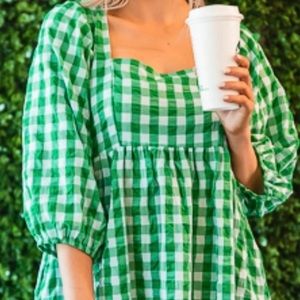 Umgee Green gingham square neck dress size small (4-6)